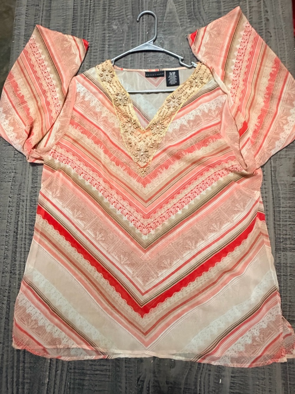 Apostrophe Coral, Pink & Cream Striped V-Neck Tunic with Beaded in Front